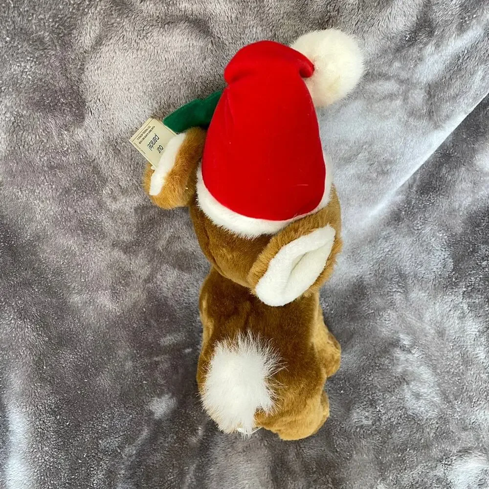 Vintage Reindeer Plush Christmas Stuffed Animal Wearing Santa Hat Toy TAGS